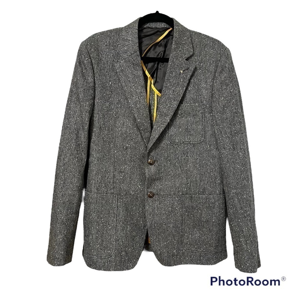 CIRCLE OF GENTLEMEN 100% Virgin Wool Grey Blazer Brown Suede Elbow Patch Size 50